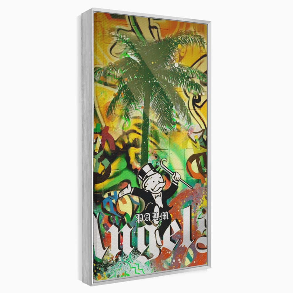 Tablou canvas cu tablou canvas cu graffiti monopoly si palmier, in rama de aluminiu argintiu